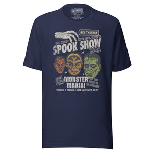 Vintage spook show poster style back print with three classic monster faces and Midnight Spook Show text, retro Halloween design, Artificial Perdition apparel