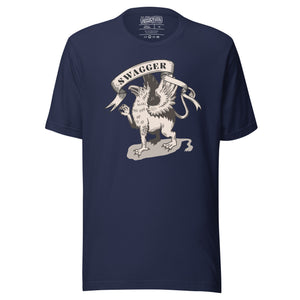 Rampant griffin in heraldic engraving style with Swagger banner ribbon, cream and black illustration, Artificial Perdition apparel