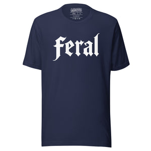 Feral in white blackletter font on dark heather grey t-shirt, bold single word graphic design, Artificial Perdition apparel