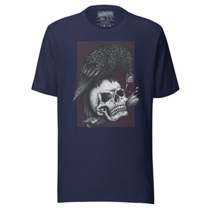 Graphite illustration of a black corvid perched on a human skull removing the eye, sprouting branch beside it, Last Look, Artificial Perdition apparel