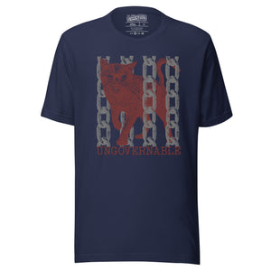 Product mockupSnarling cat breaking through chains with UNGOVERNABLE text, dithered halftone red on cream, Artificial Perdition apparel