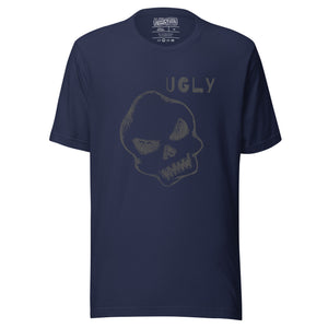 Crude hand-drawn skull with mismatched eye sockets and UGLY text in the upper corner, anti-polish graphic design, Artificial Perdition apparel