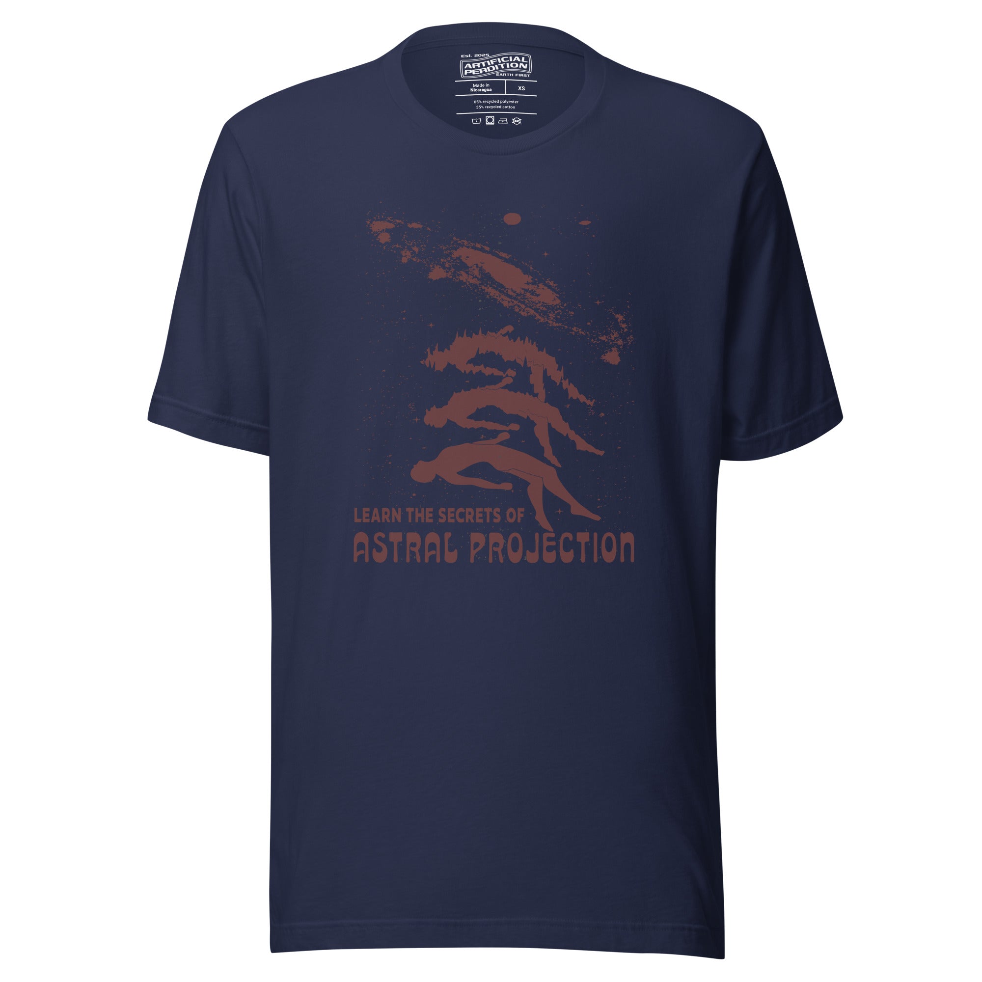 Three figures rising from a reclining body toward a spiral galaxy with Learn the Secrets of Astral Projection text, retro occult advertisement style, Artificial Perdition apparel