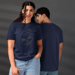 Crude hand-drawn skull with mismatched eye sockets and UGLY text in the upper corner, anti-polish graphic design, Artificial Perdition apparel