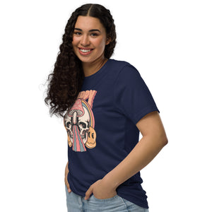Split skull and mushroom design with melting psychedelic flow and smiley faces. Soft recycled tee with eco-friendly inks. Trippy, liminal, bold.