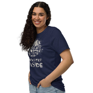 Black recycled t-shirt featuring a horned monster inside a ritual circle with fragmented script and “Monster Inside” text.