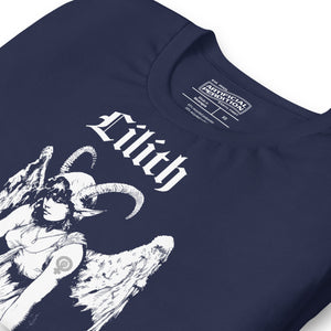 Black recycled t-shirt featuring a horned and winged Lilith illustration in black and white with gothic text below.