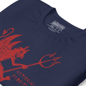 Artificial Perdition devil mascot, red illustrated devil mid-stride with trident and brand name, hand-drawn style on black, official logo tee