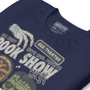 Vintage spook show poster front print with three classic monster faces, Ace Theater and Monster Mania text, distressed style on black, Artificial Perdition apparel