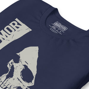 Cracked skull illustration in tombstone grey with vertical Memento Mori text and Remember Death translation, Artificial Perdition apparel