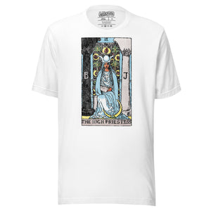 The High Priestess tarot card, robed figure seated between two pillars with scroll and crescent moon, Rider-Waite style, Artificial Perdition