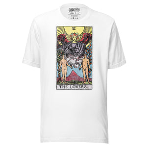 The Lovers tarot card, unveiled man and woman beneath winged figure with Tree of Life and serpent-wrapped Tree of Knowledge, Rider-Waite style, Artificial Perdition
