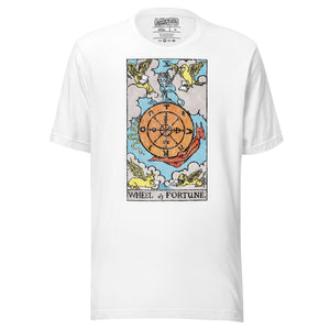 Wheel of Fortune tarot card, sphinx atop a turning wheel flanked by four creatures, Rider-Waite style, Artificial Perdition