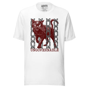 Snarling cat breaking through chains with UNGOVERNABLE text, dithered halftone red on cream, Artificial Perdition apparel