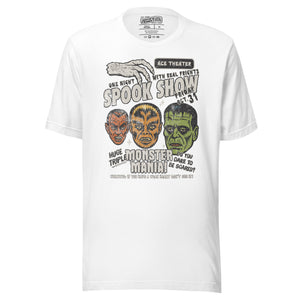 Vintage spook show poster style back print with three classic monster faces and Midnight Spook Show text, retro Halloween design, Artificial Perdition apparel