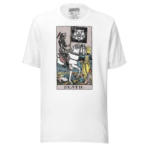 Death tarot card, skeletal horseman with black banner and white rose, figures fallen before him and sun rising on horizon, Rider-Waite style, Artificial Perdition