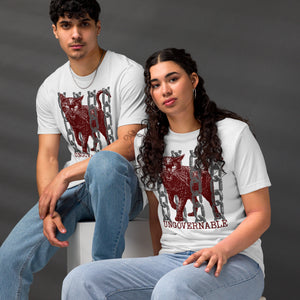 Product mockupSnarling cat breaking through chains with UNGOVERNABLE text, dithered halftone red on cream, Artificial Perdition apparel