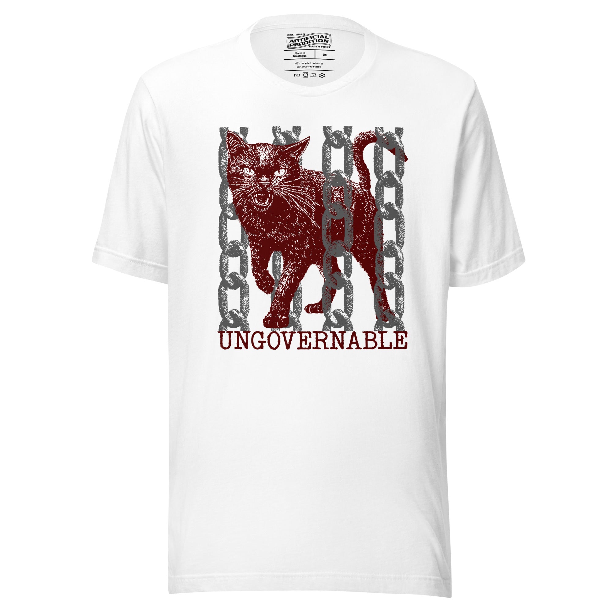 Product mockupSnarling cat breaking through chains with UNGOVERNABLE text, dithered halftone red on cream, Artificial Perdition apparelProduct mockup