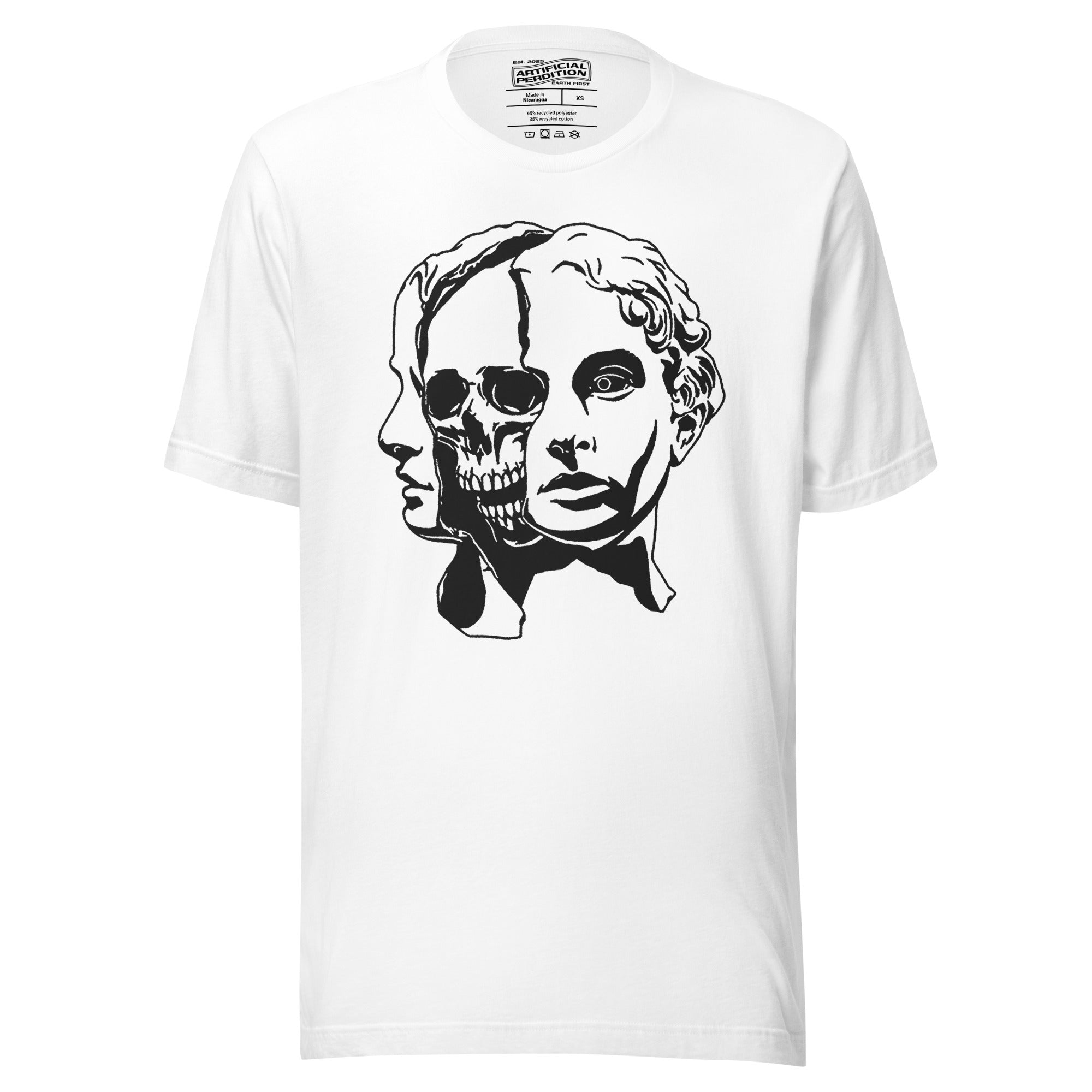 Split face illustration, half classical sculpture bust and half skull, black and white high contrast, Dead Inside, Artificial Perdition apparel
