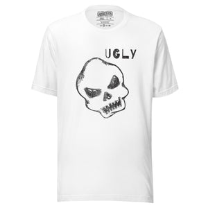 Crude hand-drawn skull with mismatched eye sockets and UGLY text in the upper corner, anti-polish graphic design, Artificial Perdition apparel