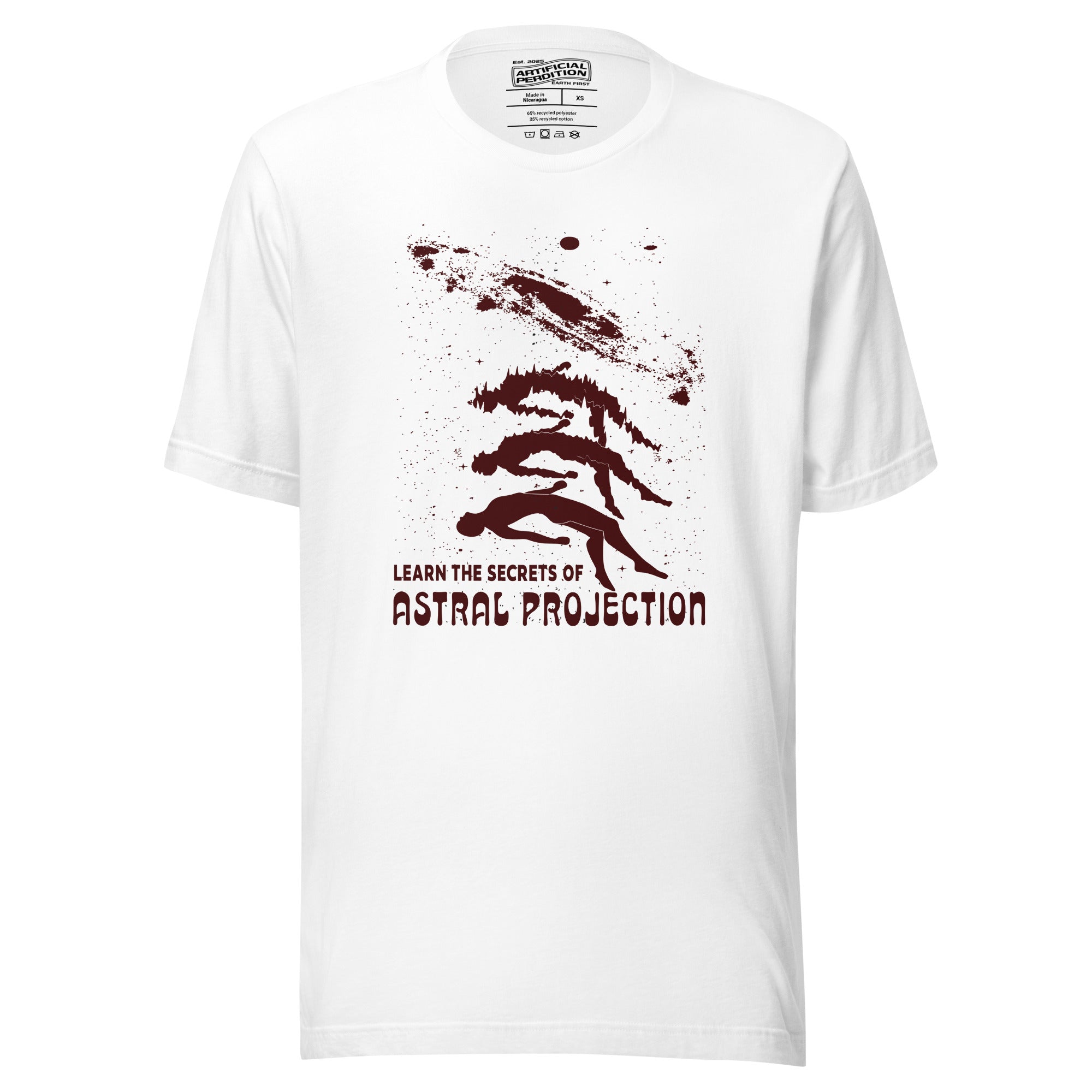Three figures rising from a reclining body toward a spiral galaxy with Learn the Secrets of Astral Projection text, retro occult advertisement style, Artificial Perdition apparel