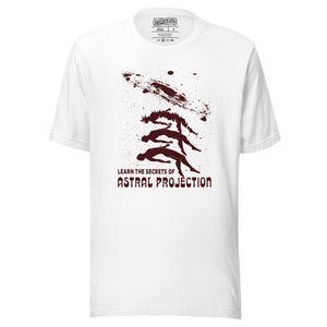 Three figures rising from a reclining body toward a spiral galaxy with Learn the Secrets of Astral Projection text, retro occult advertisement style, Artificial Perdition apparel
