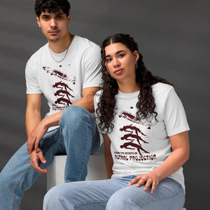 Three figures rising from a reclining body toward a spiral galaxy with Learn the Secrets of Astral Projection text, retro occult advertisement style, Artificial Perdition apparel