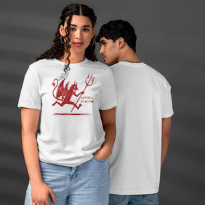 Artificial Perdition devil mascot, red illustrated devil mid-stride with trident and brand name, hand-drawn style on black, official logo tee