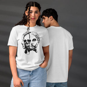 Split face illustration, half classical sculpture bust and half skull, black and white high contrast, Dead Inside, Artificial Perdition apparel