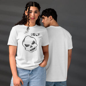 Crude hand-drawn skull with mismatched eye sockets and UGLY text in the upper corner, anti-polish graphic design, Artificial Perdition apparel