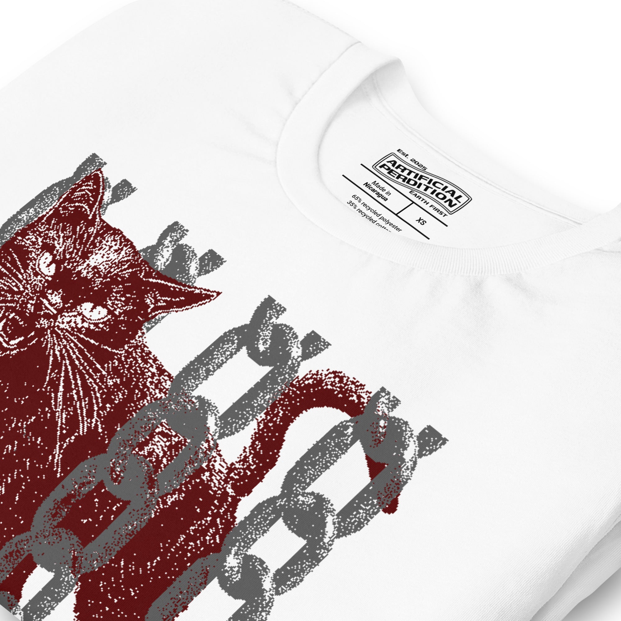 Snarling cat breaking through chains with UNGOVERNABLE text, dithered halftone red on cream, Artificial Perdition apparel