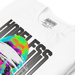 A blindfolded skull in thermal color, bold chrome lettering. Hopeless is a choice, not a diagnosis. Dark apparel from Artificial Perdition.