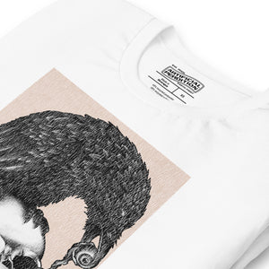 Graphite illustration of a black corvid perched on a human skull removing the eye, sprouting branch beside it, Last Look, Artificial Perdition apparel