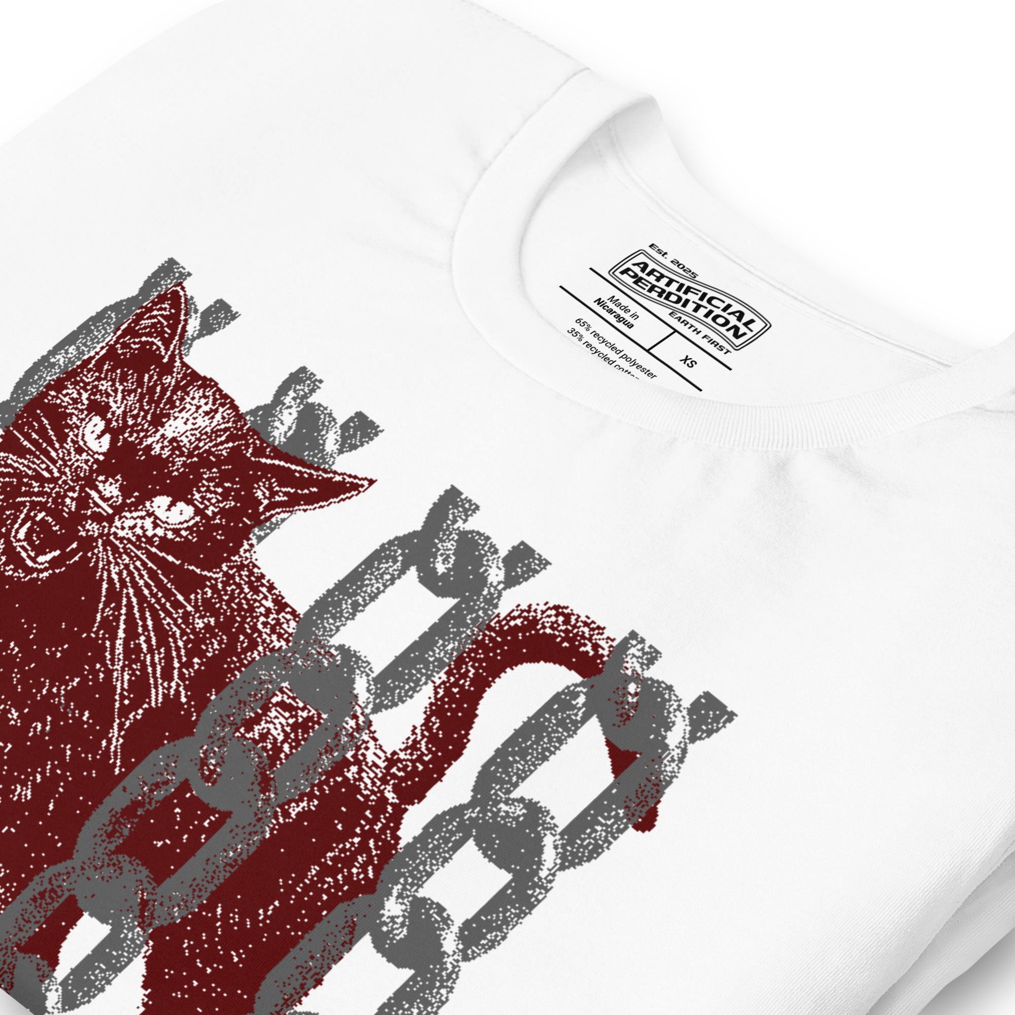 Product mockupSnarling cat breaking through chains with UNGOVERNABLE text, dithered halftone red on cream, Artificial Perdition apparel