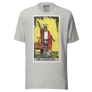 The Magician tarot card, robed figure with wand raised and lemniscate overhead, four suits on table, Rider-Waite style, Artificial Perdition