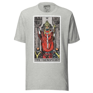 The Hierophant tarot card, triple-crowned figure seated between pillars with crossed keys and kneeling acolytes, Rider-Waite style, Artificial Perdition