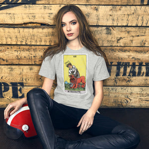 Card eight. The lion is already subdued, led by a chain of flowers. Strength is the quiet kind — fortitude, not force. Rider-Waite tarot apparel.