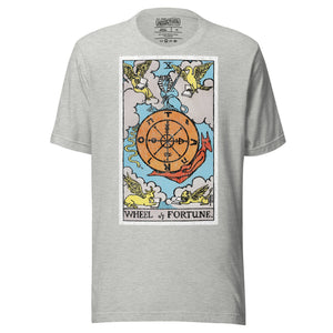 Wheel of Fortune tarot card, sphinx atop a turning wheel flanked by four creatures, Rider-Waite style, Artificial Perdition