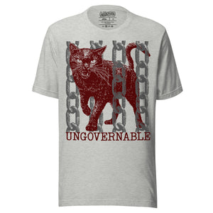 Snarling cat breaking through chains with UNGOVERNABLE text, dithered halftone red on cream, Artificial Perdition apparel