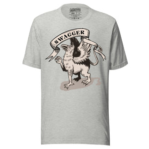 Rampant griffin in heraldic engraving style with Swagger banner ribbon, cream and black illustration, Artificial Perdition apparel