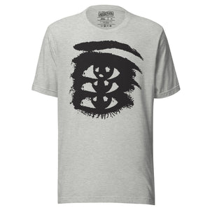 Rough ink brush stroke eye illustration in black and white, Thousand Yard Stare, high contrast graphic design, Artificial Perdition apparel