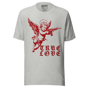 Red cherub angel with halo aiming rifle above blackletter True Love text, dark ironic tattoo flash style, Artificial Perdition apparel