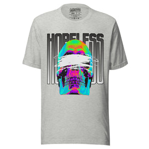 Blindfolded skull in thermal heat-map colors with bold chrome HOPELESS text, psychological horror design, Artificial Perdition apparel