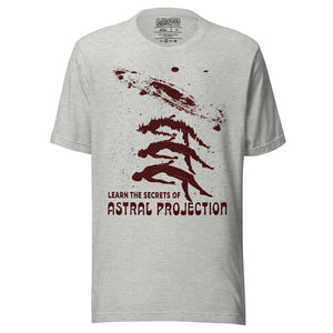 Three figures rising from a reclining body toward a spiral galaxy with Learn the Secrets of Astral Projection text, retro occult advertisement style, Artificial Perdition apparel
