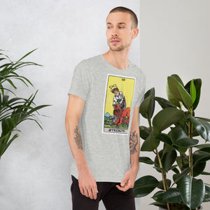 Card eight. The lion is already subdued, led by a chain of flowers. Strength is the quiet kind — fortitude, not force. Rider-Waite tarot apparel.