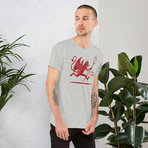 Artificial Perdition devil mascot, red illustrated devil mid-stride with trident and brand name, hand-drawn style on black, official logo tee