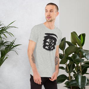 Rough ink brush stroke eye illustration in black and white, Thousand Yard Stare, high contrast graphic design, Artificial Perdition apparel