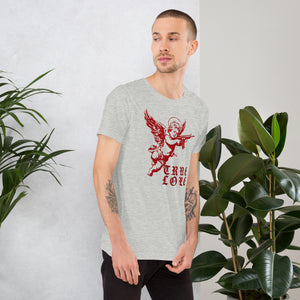 Red cherub angel with halo aiming rifle above blackletter True Love text, dark ironic tattoo flash style, Artificial Perdition apparel