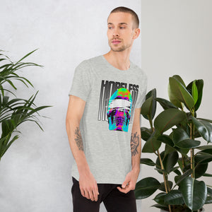 Blindfolded skull in thermal heat-map colors with bold chrome HOPELESS text, psychological horror design, Artificial Perdition apparel