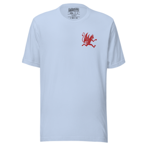 A light blue crewneck t-shirt with a small red devil graphic on the left chest, displayed on a clean white background.